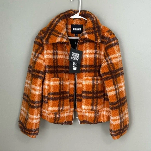 NWT apparis Francis Sherpa zip jacket plaid small orange‎ brown womens - Picture 3 of 13